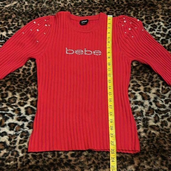 Bebe Red Rhinestone Bling Embellished Faux Pearl Detailed Ribbed Long Sleeve Top - Picture 7 of 11